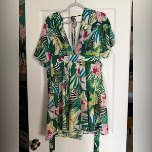 SHEIN Cream Floral Print Dress with Green Leaf Motif